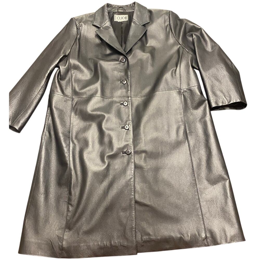 Clio II Black Leather Long Jacket Mid-Length Coat 90s‎ Style Medium